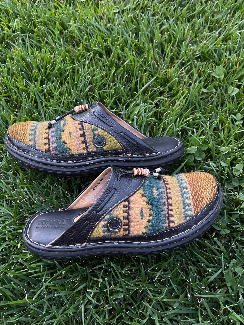 Born Handcrafted Blanket Leather Wool Aztec Tapestry Slip On Clogs Mules | 8